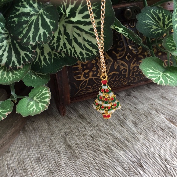 Christmas Tree Enamel Red, Green & White Necklace - Great Gift - Picture 3 of 6